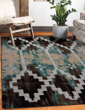 Load image into Gallery viewer, brown-and-teal-geometric-area-rug-in-farmhouse-living-room-with-rustic-fur-chair