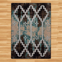 Load image into Gallery viewer, brown-and-teal-geometric-area-rug-on-wood-floor