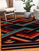 Load image into Gallery viewer, southwestern-inspired-red-orange-area-rug-in-farmhouse-living-room-with-rustic-fur-chair