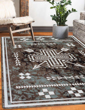 Load image into Gallery viewer, southwestern-inspired-green-marble-arrows-area-rug-in-farmhouse-living-room-with-rustic-fur-chair