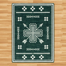Load image into Gallery viewer, heathered-green-crossed-arrows-area-rug-on-wood-floor