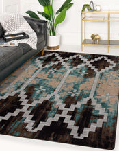 Load image into Gallery viewer, brown-and-teal-geometric-area-rug-in-modern-white-living-room
