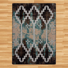 Load image into Gallery viewer, brown-and-teal-geometric-area-rug-on-wood-floor
