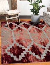 Load image into Gallery viewer, southwestern-inspired-red-marble-area-rug-in-farmhouse-living-room-with-rustic-fur-chair
