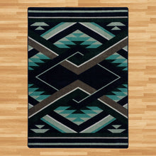 Load image into Gallery viewer, southwestern-inspired-green-navy-area-rug-on-wood-floor
