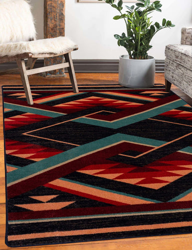 southwestern-inspired-red-orange-area-rug-in-farmhouse-living-room-with-rustic-fur-chair