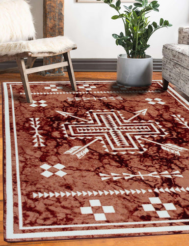 southwestern-inspired-red-marble-arrows-area-rug-in-farmhouse-living-room-with-rustic-fur-chair