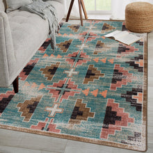 Load image into Gallery viewer, southwestern-inspired-blue-pink-geometric-area-rug-in-trendy-living-room
