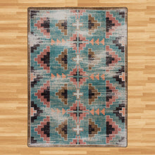 Load image into Gallery viewer, southwestern-inspired-blue-pink-geometric-area-rug-on-wood-floor
