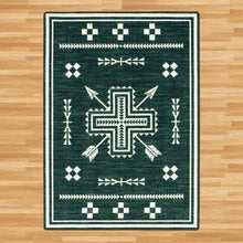 Load image into Gallery viewer, heathered-green-crossed-arrows-area-rug-on-wood-floor
