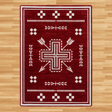 Load image into Gallery viewer, heathered-red-crossed-arrows-area-rug-on-wood-floor
